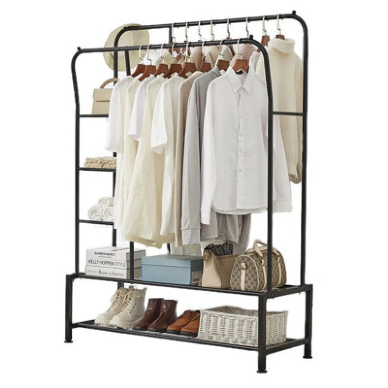 Image of House Of Home Black Metal Clothes Rail With Double Hanging & Storage Shelves