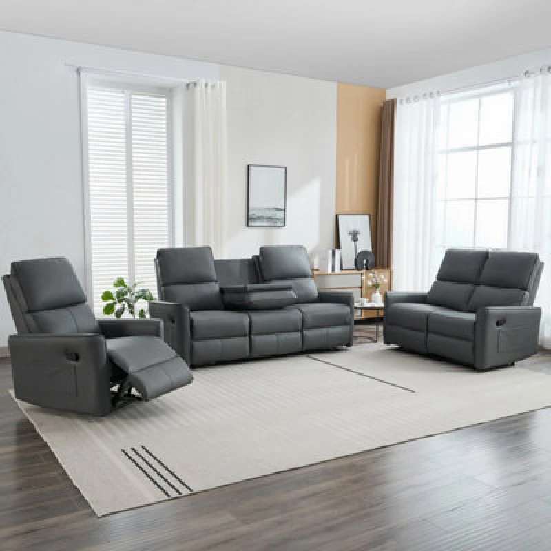 Image of More4Homes Madrid 1+2+3 Seater Manual Air Leather Recliner Sofa Set Grey