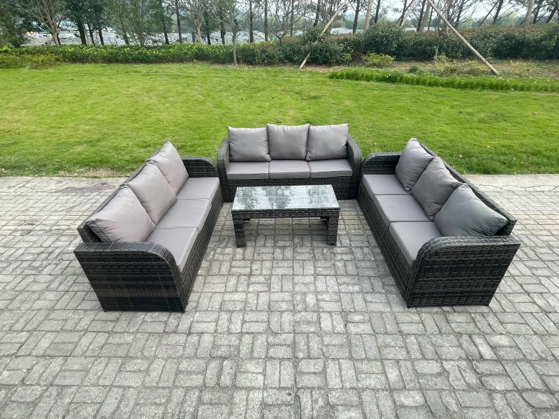 Image of Fimous Outdoor Lounge Sofa Set 9 Seater Rattan Garden Furniture Set with Rectangular Coffee Table 3 Seater Sofa Dark Grey Mixed Dark Grey