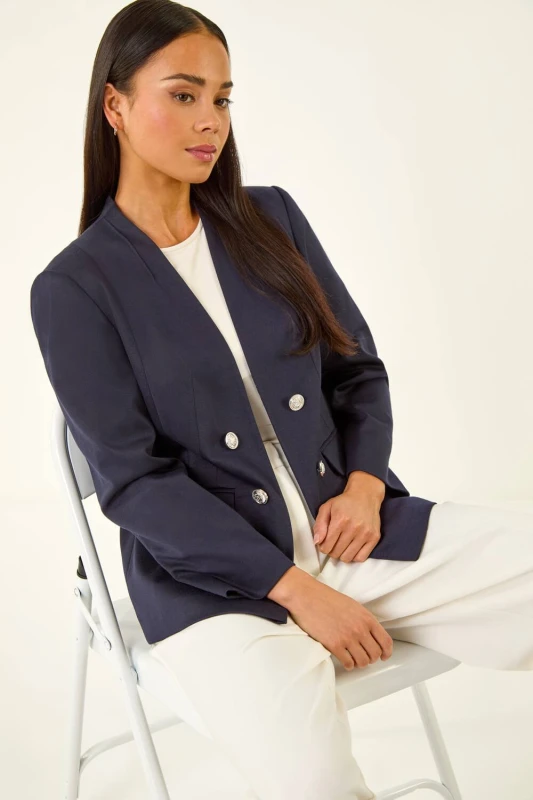 Image of Roman Womens Petite Pocket Ponte Blazer in Navy Size: 14 Navy Female 14