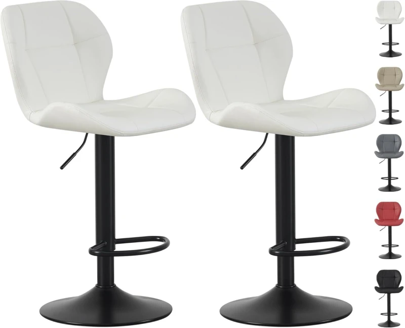 Image of MCC Direct Set of 2 Height Adjustable Kitchen Bar Stools Breakfast Chairs with Footrest Stella in Cream Cream Unisex