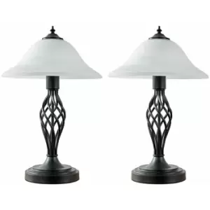Image of 2 x Barley Twist Table Lamps With Frosted Alabaster Shades - Satin Black - No Bulb