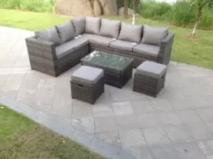 Image of Fimous 6 Seater Outdoor Dark Grey Rattan Lounge Complete Sofa Set with Oblong Coffee Table and 2 Stools