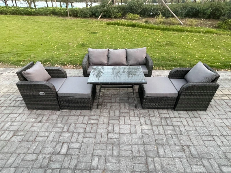 Image of Fimous Garden Furniture Sets 7 Seater Rattan Furniture Manual Wicker Patio Sofa Patio Conversation Set with 2 Big Footstool Dark Grey Mixed Dark Grey