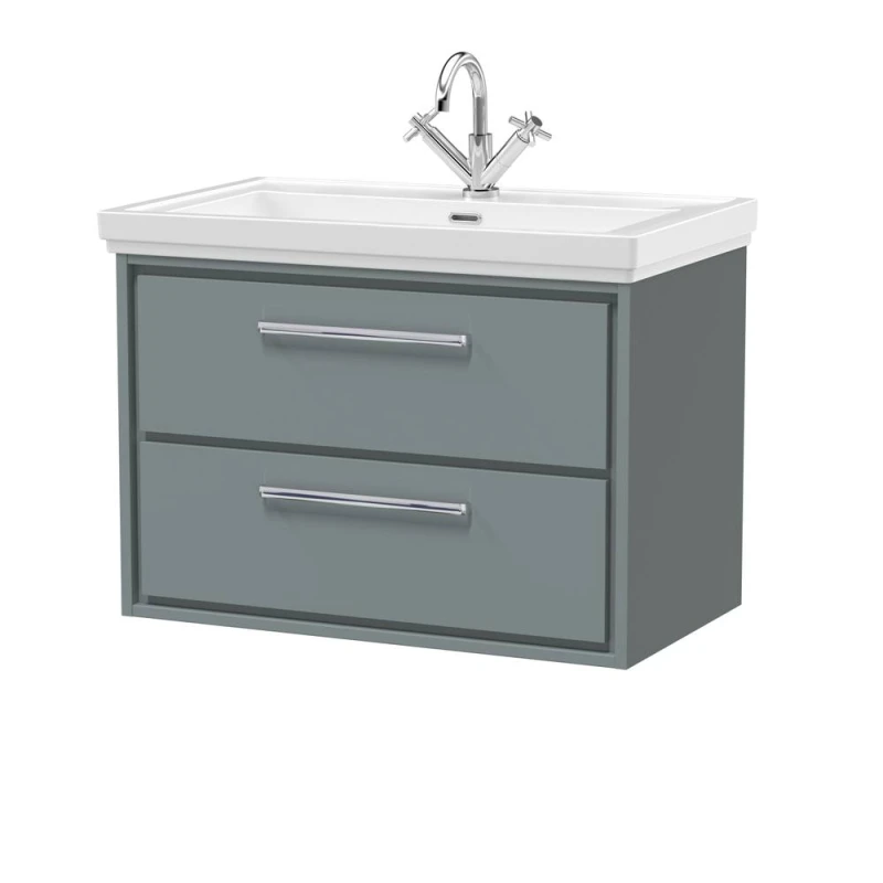 Image of Balterley Modern Wall Hung 2-Drawer Bathroom Vanity Unit With Fireclay Basin, Coastal Grey, 800mm