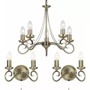 Image of Loops - 5 Bulb Ceiling Pendant & 2x Matching Twin Wall Light Antique Brass Chandelier