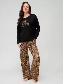 Image of Lauren by Ralph Lauren Jersey Crew Neck Top And Bottom - Leopard, Multi, Size L, Women