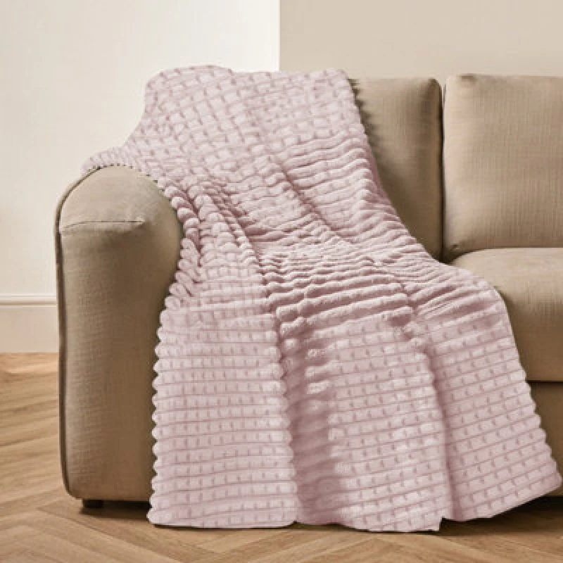 Image of Velosso Elegant Waffle Style Ribbed Thermal Plush Throw - Cosy Winter Embossed Fur Blanket For Sofa, Bed - 200Cm X 240Cm - Blush