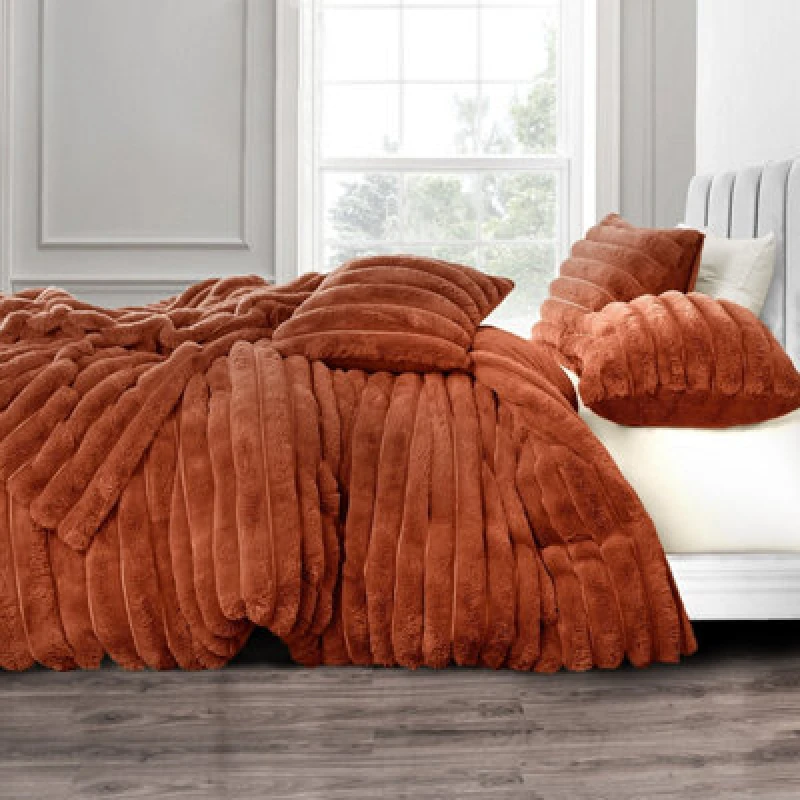Image of Velosso Teddy Fleece Duvet Cover & Pillowcase Set In Striped Design - Luxurious & Warm Bedding Set With Button Enclosure - Orange