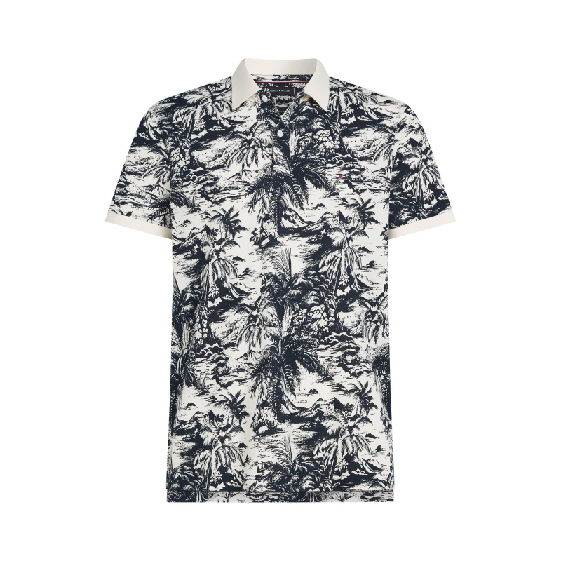 Image of Tommy Hilfiger Mens All Over Print Linen Short-Sleeve Polo Shirt Desert Sky male M