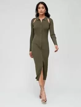 Image of Calvin Klein Iconic Rib Collared Midi Dress - Dark Green