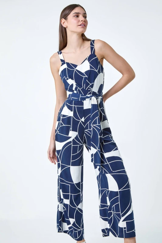 Image of Roman Abstract Print Pocket Jumpsuit Navy