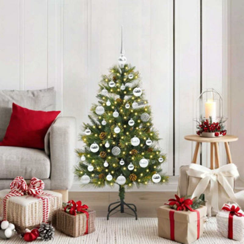Image of vidaXL Artificial Hinged Christmas Tree with Cones, Silver Balls Green 150 cm, Green 3395085