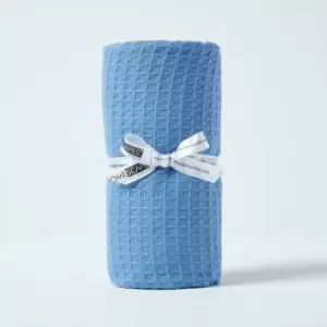 Image of Organic Cotton Waffle Baby Blanket Blue, 90 x 112cm - Blue - Homescapes