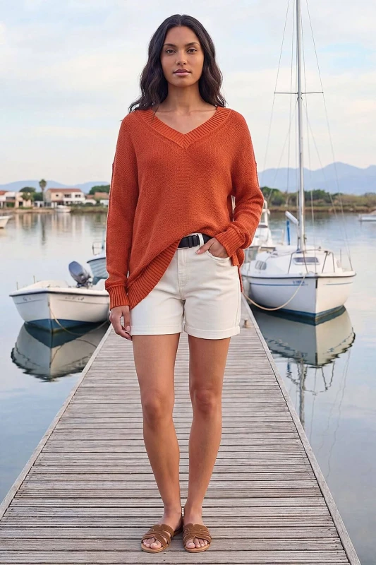 Image of Roman Womens Ribbed V-Neck Boyfriend Jumper in Orange Size: 20 Orange Female 20