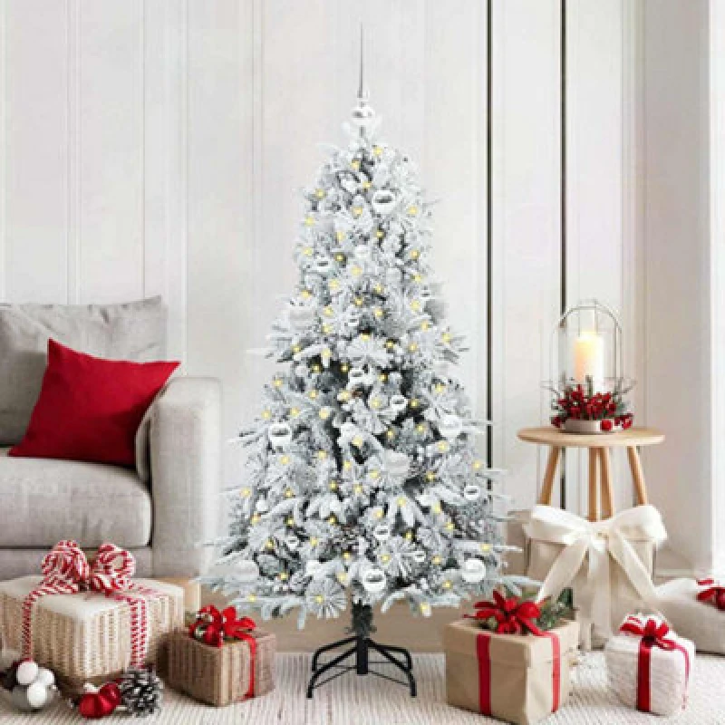 Image of vidaXL Artificial Hinged Christmas Tree with Silver Balls Snow Flocked Green 150cm PE and PVC, Green 3397476