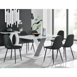 Image of Monza 6 White/Grey Dining Table & 6 Black Corona Faux Leather Dining Chairs with Black Legs Diamond Stitch - Black
