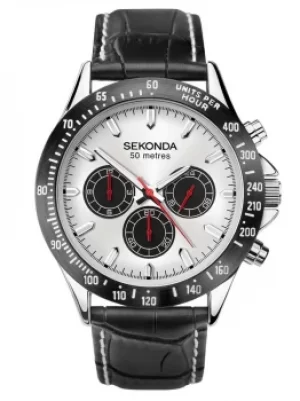 Image of Sekonda Mens Dual Time Chrono Silver Dial Black Leather Strap...