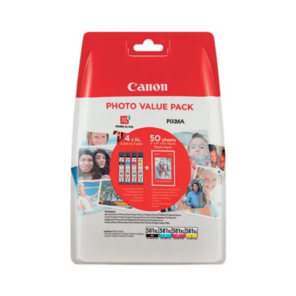Image of Canon CLI-581XL Inkjet Cartridges + Photo Paper Plus Glossy II Value Pack CMYK 2052C006 2052C006