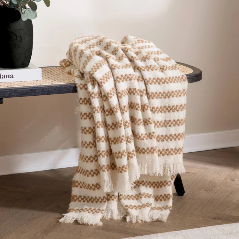 Image of HOEM Clyne Striped Tasselled Throw in Brown Size: 130cm x 180cm Brown Unisex 130cm x 180 cm