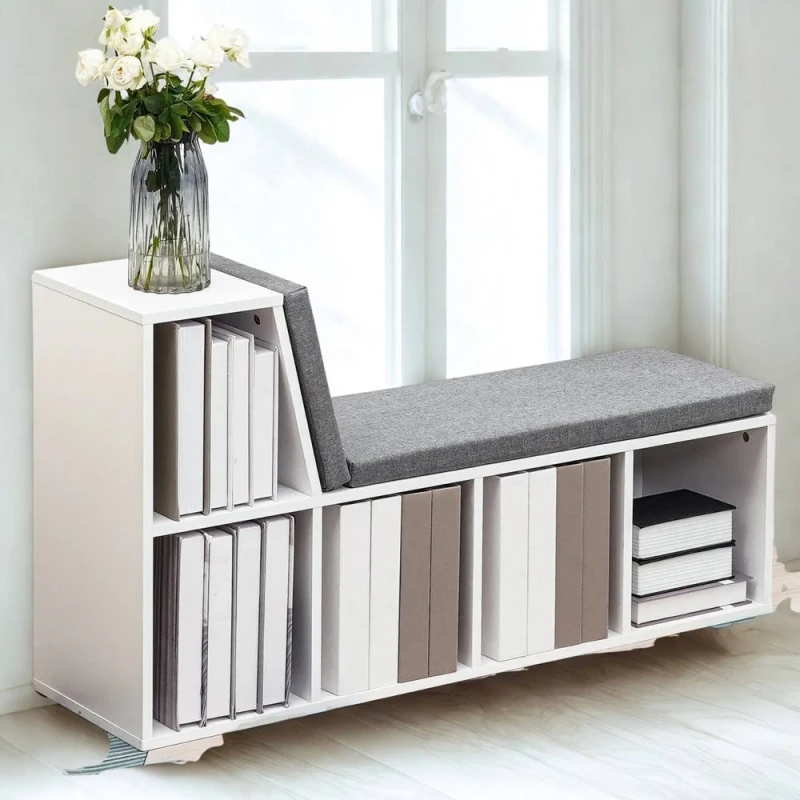 Image of Pirlo Plush Modern Bookcase Storage Cabinet With Reading Seat White White Unisex