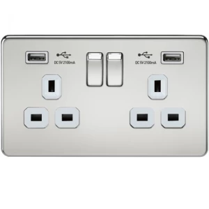 Image of KnightsBridge 2G 13A Screwless Polished Chrome 2G Switched Socket with Dual 5V USB Charger Ports - White Insert