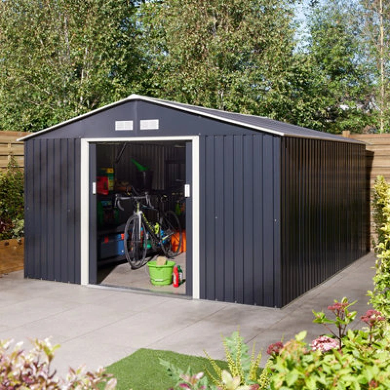 Image of Rowlinson Trentvale 10X12 Metal Apex Shed Dark Grey With Foundation Kit, Grey TV1012APXDGFKI