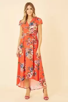 Image of Orange Floral Wrap Dip Hem Dress