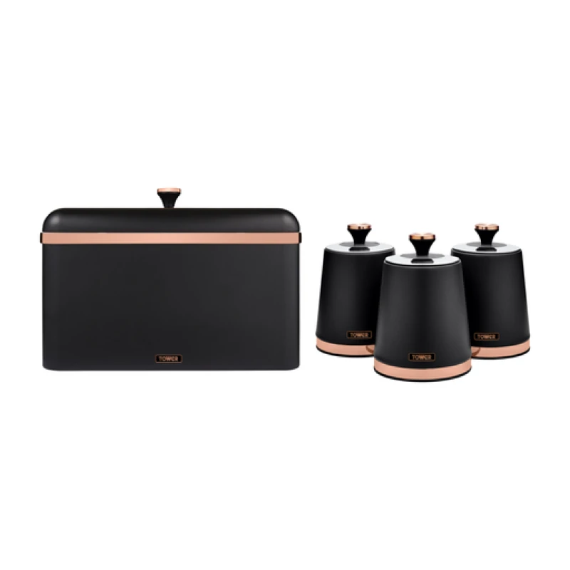 Image of Tower Cavaletto Bread Bin & Set of 3 Canisters Black