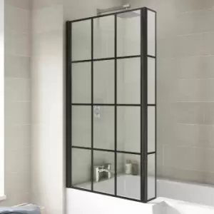 Image of Bath Shower Screen Door Hinged 800mm Black Grid Square 6mm Glass Return Panel - Black