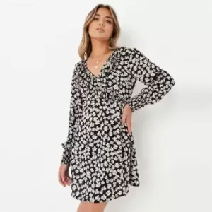 Image of Missguided Floral Print Ruffle Tea Dress - Black