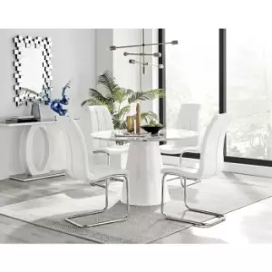 Image of Furniturebox Palma White Marble Effect 120cm Round Minimalist Dining Table & 4 White Murano Silver Leg Faux Leather Chairs