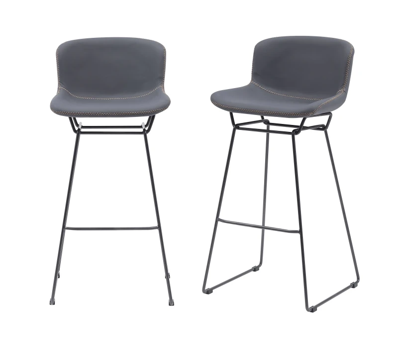 Image of Moderna MMT Bar Stools Set of 2, Grey PU Leather, Sleigh Legs & Retro Style for Breakfast Bar, Kitchen, Seat Height 76.5cm 47.5x50.5x99.5cm (Grey) Gr