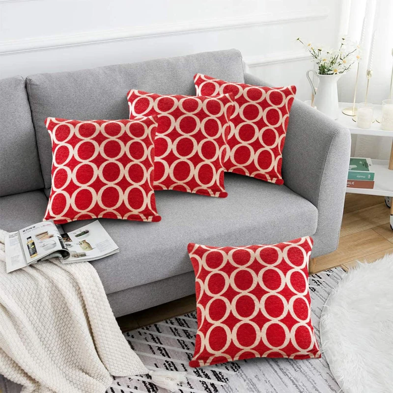 Image of Alan Symonds Geometric O Chenille Cushion Set of 4 Red unisex 45x45cm