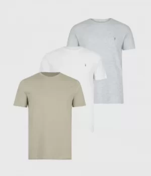 Image of AllSaints Mens Brace Crew 3 Pack T-Shirts, White/grey/green, Size: S