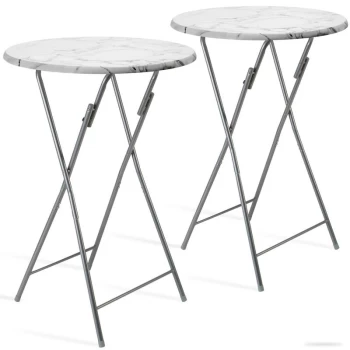 Image of 2 pieces Set Bar Table Bistro Folding White Ø 60cm Metal & MDF Marble Design Foldable - Casaria