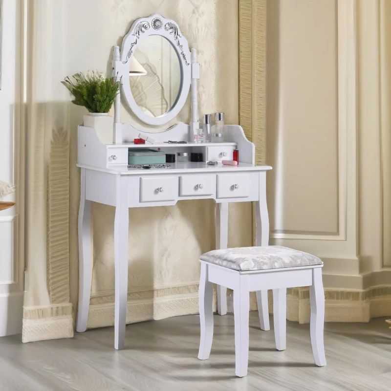 Image of Rafaelo Mobilia 5 Drawer White Dressing Table With Round Mirror & Stool White Unisex