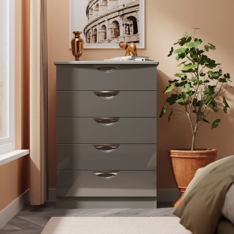 Image of Camden 5 Drawer Chest in Grey Gloss & Dusk Grey - Ready Assembled - Lewis's Home TJ Hughes 5056812206920