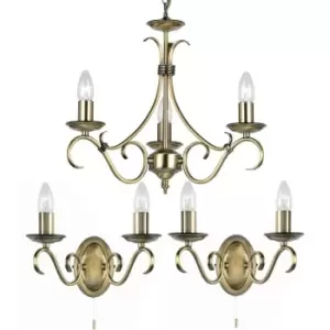 Image of 3 Lamp Ceiling & 2x Twin Wall Light Pack Antique Brass Vintage Matching Fittings