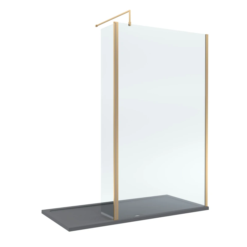 Image of Balterley 8mm Glass Wetroom Screen, Return Brushed Brass and Tray 1700 x 700mm Grey