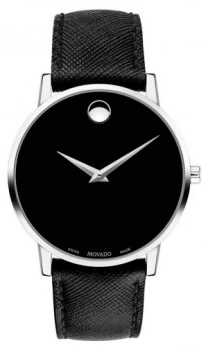 Image of Movado Mens Museum Black Leather Strap Black Dial 0607194 Watch