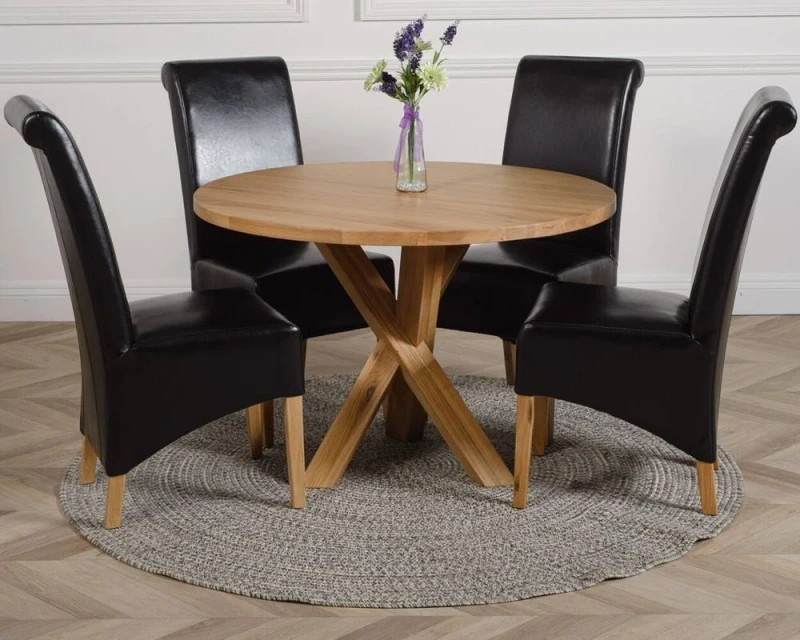 Image of Thats Furniture Oregon Round Oak Dining Table & 4 Montana Leather Chairs in Black Unisex