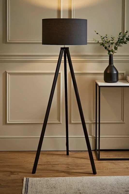 Image of ValueLights ValueLights Barbro Black Wood Tripod Floor Light Lamp with Reni Drum Shade in Grey Grey One Size Unisex 5059406035074