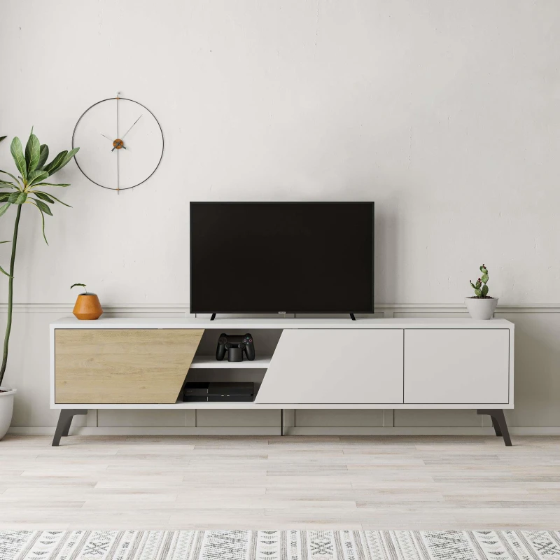 Image of DECORTIE Decortie - Fiona Modern tv Stand Multimedia Centre tv Unit With Storage Cabinet 180cm - White / Oak - Oak M.TV.23530.2