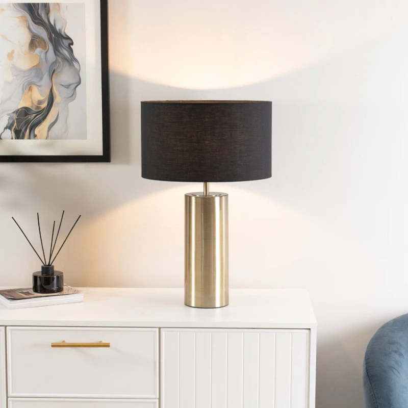 Image of ValueLights Lexy Fabric Drum Shade with Antique Brass Dimmable Touch Table Lamp Black