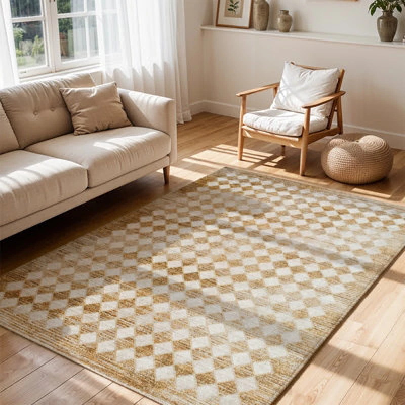 Image of Galey Alix X Livabliss Scandi Geometric Mustard/cream Myrtle Avenue V Area Rug 200 X 275cm - Ideal For Living Room & Bedroom