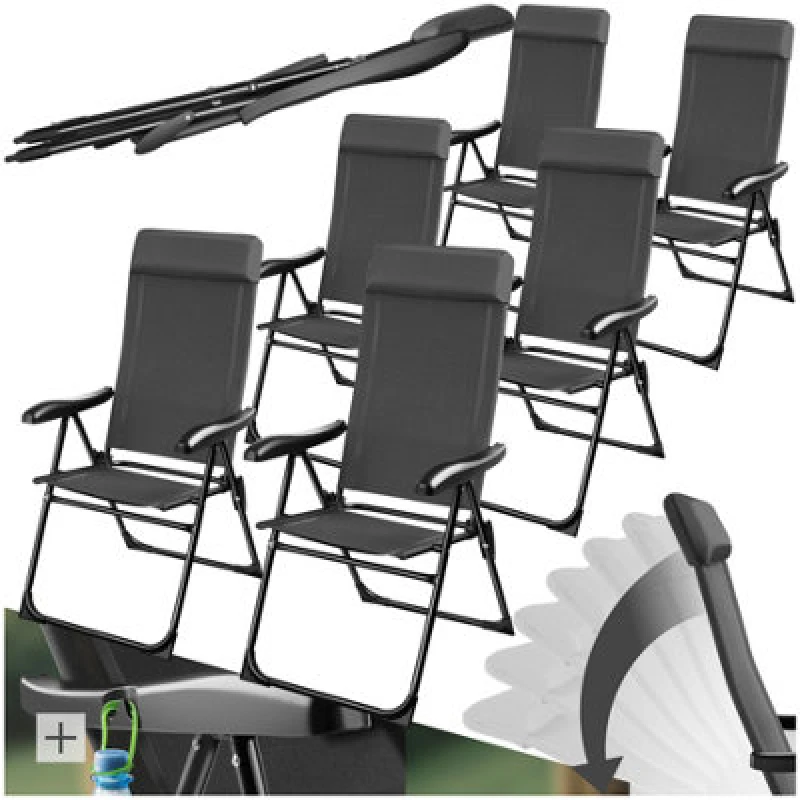 Image of Tectake Camping Chair Muritz - Folding, Lightweight, 7 Position Backrest, Weather Resistant - Anthracite - Set Of 6