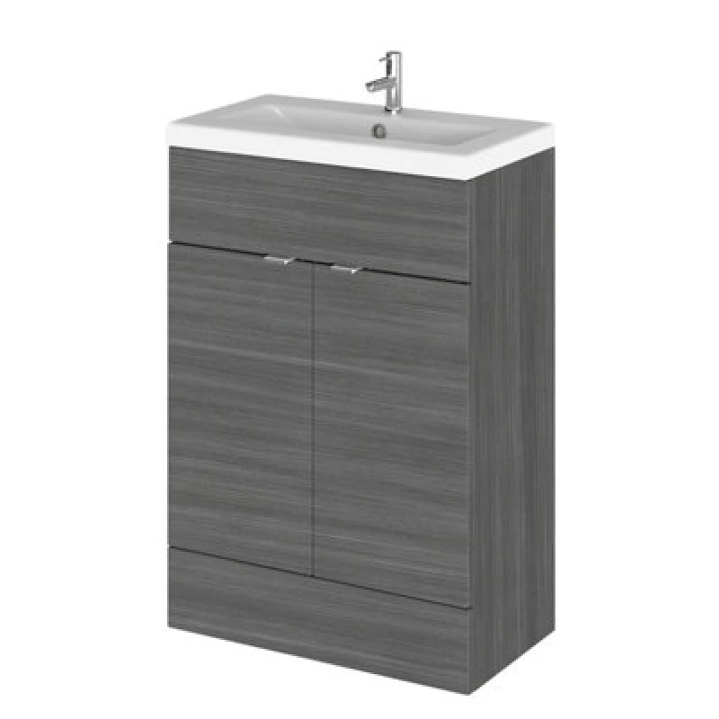 Image of Hudson Reed Fusion Floor Standing 2 Door Vanity Unit & Ceramic Basin, Vanity Unit With Basin, Anthracite Woodgrain, 600mm
