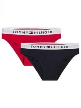 Image of Tommy Hilfiger Girls 2 Pack Waistband Bikini Briefs - Red Navy, Red/Navy, Size Age: 10-12 Years, Women