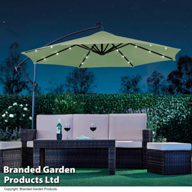 Image of THOMPSON & MORGAN Thompson&morgan - Garden Cantilever Solar LED Parasol & Cover Outdoor Umbrella 2.7m (Sage Green) KF6554